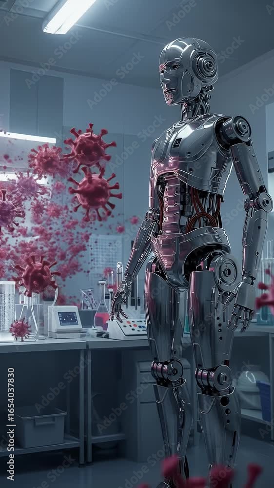 Poster robot scientist in modern laboratory amidst microbes 3d realistic