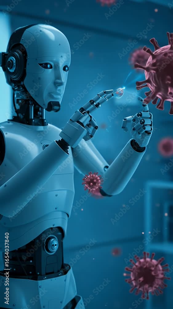 Aufkleber robot researcher analyzing virus particles in futuristic laboratory setting