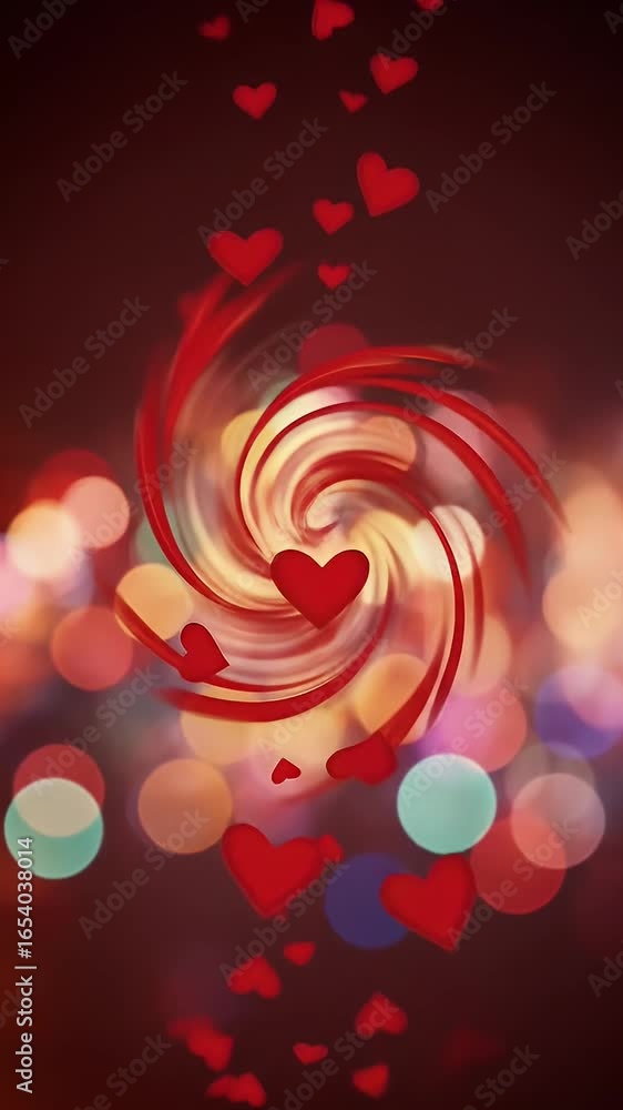 Poster romantic abstract heart vortex bokeh lights background animation