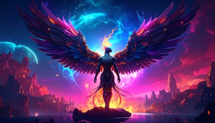 Cosmic angel figure with vibrant wings