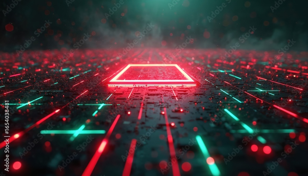 Poster futuristic digital background with glowing red and green light squares at center of dark space, conn