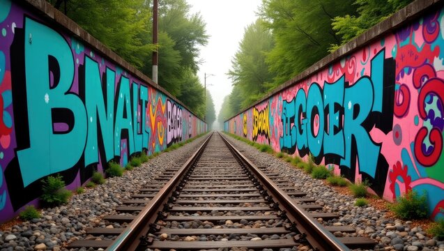 Colorful graffiti adorns a railway embankment.