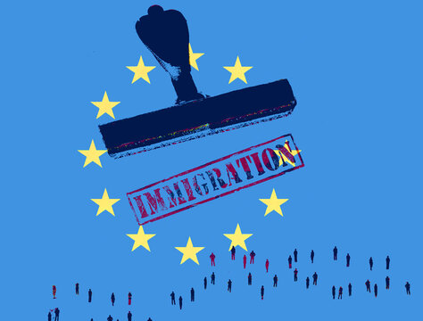 Immigration concept with EU stamp and migrant symbolism