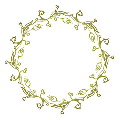 Green vector wreath with hearts and flowers on the branches. Round, simple style, doodle.