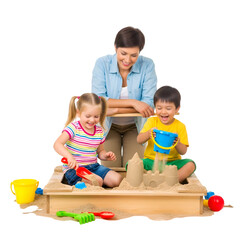 Joyful mother supervises happy children building sandcastles together in a sunny sandbox, creating cherished childhood memories filled with laughter and outdoor fun