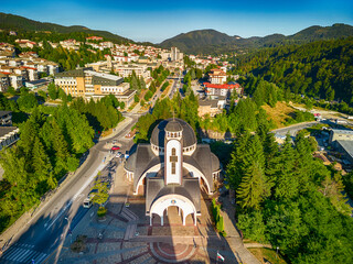 Aerial view of Church of Saint Vissarion Smolenski and planetarium in Smolyan, Bulgaria
