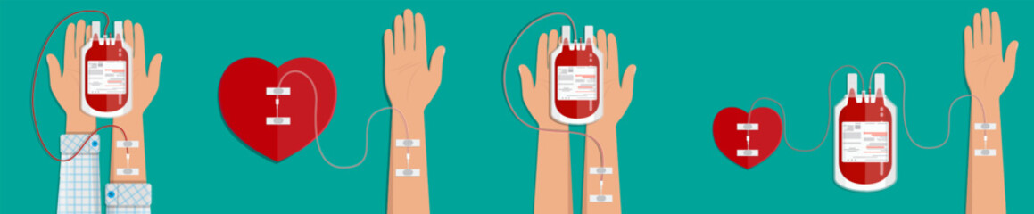 Obraz premium Man donate blood for transfusion and woman holds blood bags. Medical donation concept for World Blood Donor Day.