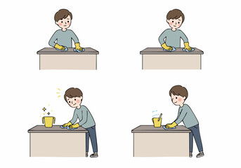 A man cleaning a table surface with gloves and a cloth, illustrating the process of household tidying and maintenance.
