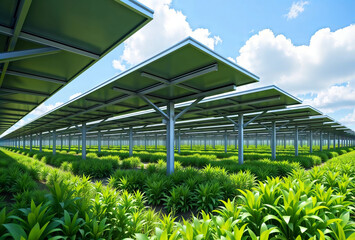 Obraz premium Solar panels over crops. An agrivoltaics farm combines solar energy production with agriculture, with panels providing shade for lush green plants growing below.