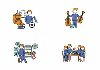 Illustration of Modern Life Aspects: Learning, Music, Social Media, and Family Moments