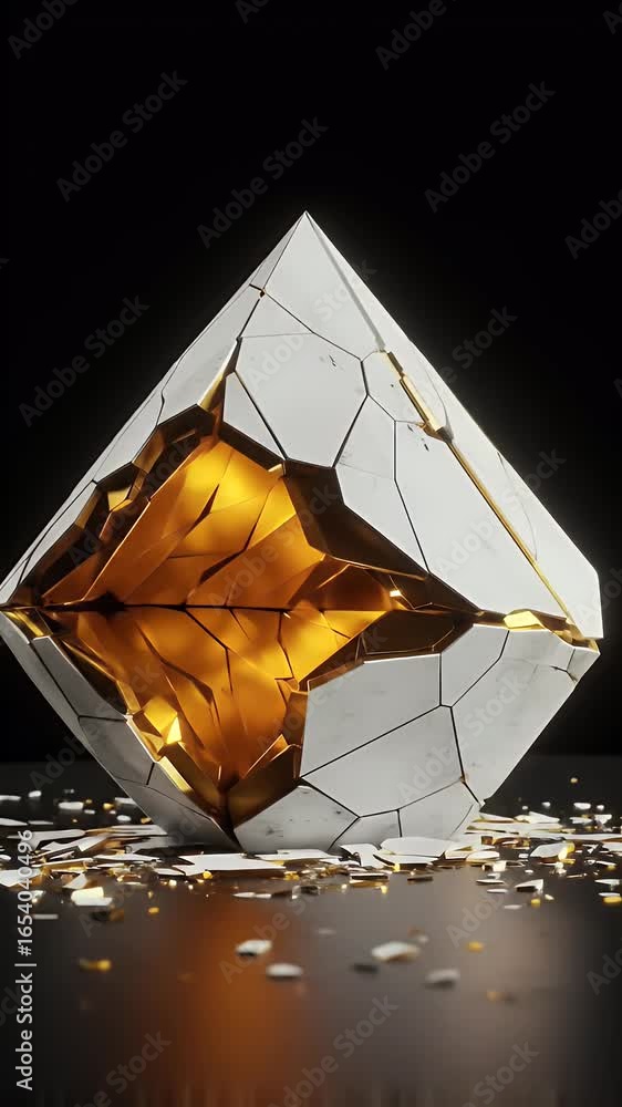 Poster shattered abstract geometric crystal with inner gold glow 3d rendering