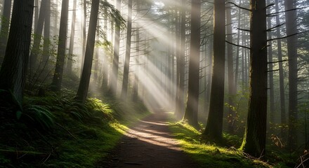 Obraz premium sunlight rays forest path morning