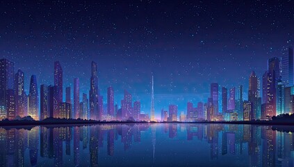 Night city skyline reflected on water (2)