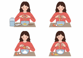 Woman's Humorous Attempts at Cracking Eggs in the Kitchen: A Mix of Success and Messy Mistakes in Baking Preparation.