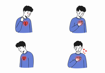Young man experiences emotional pain, heartbreak, and sadness with illustrated broken heart and chest discomfort.