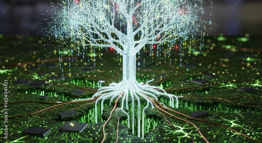 Poster digital nexus: a tree of technological connection growing from circuit roots