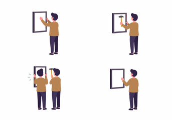 Man attempting to hang a picture frame on a wall, depicting the steps and challenges of home DIY tasks.