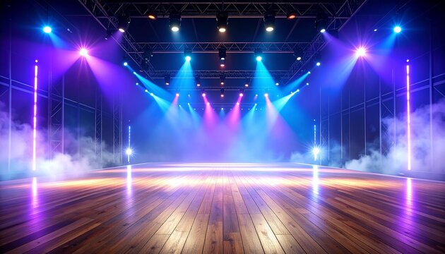 Empty music concert stage illuminated with vibrant pink and blue spotlights, dramatic lighting effects, smoky atmosphere, reflections on polished wooden floor, cinematic and futuristic concert hall 
