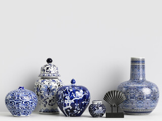 Interior decor mockup with chinese ginger jars and corals.Digital illustration.3d rendering