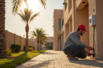 Man charging an electric car. A young man plugs an EV charger into an outlet at home.