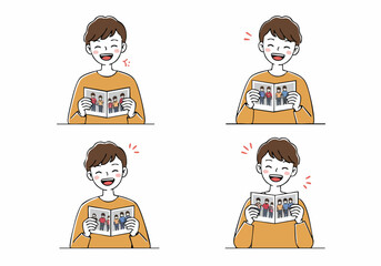 A cheerful young man smiles while reminiscing, looking at a photo album filled with happy memories and friends.