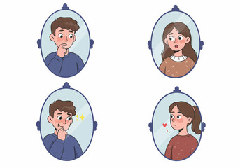 Reflections of Emotions: Young Adults Experiencing Blushing, Surprise, and Concern in Decorative Mirror Illustrations