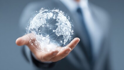 Businessman holds a holographic globe