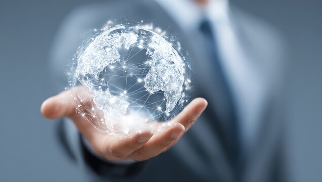 Businessman holds a holographic globe - Powered by Adobe