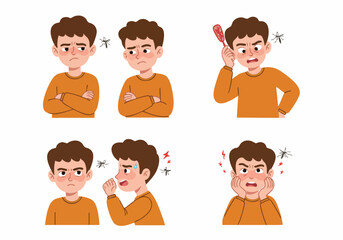 Man Annoyed by Mosquitoes: Character Reactions to Insect Bites, Itching, and Swatting, Illustrating Discomfort, Redness, and Pest Frustration.