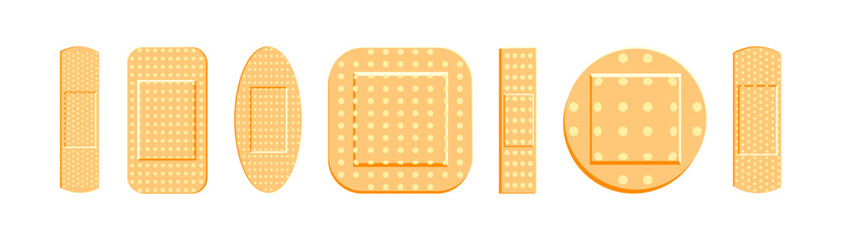 Various shapes of medical aid patches with dots. First aid plaster for injury and healing. Healthcare supplies for wound care concept.