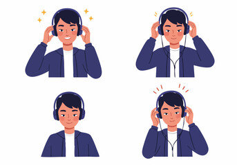 Illustrations of a Young Man Enjoying Music with Headphones, Showing Different Emotions and Listening States