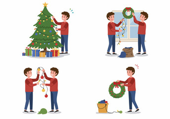 Man decorating for Christmas: setting up the tree, hanging wreaths, and preparing festive lights for the holiday season at home.