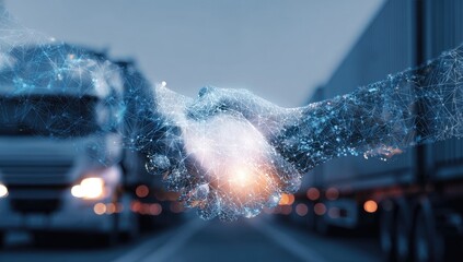 Digital handshake between two hands in front of trucks