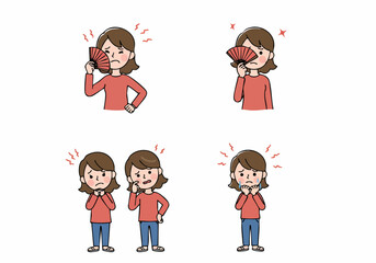 Illustrations of a woman feeling hot, frustrated, worried, and crying, depicting a range of uncomfortable emotions.