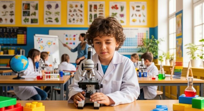 Engaged young student explores the microscopic world during a classroom experiment