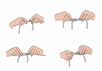 Step-by-step illustration of hands tying a reef knot, demonstrating the process from beginning to end on a white background. © Nafa Project