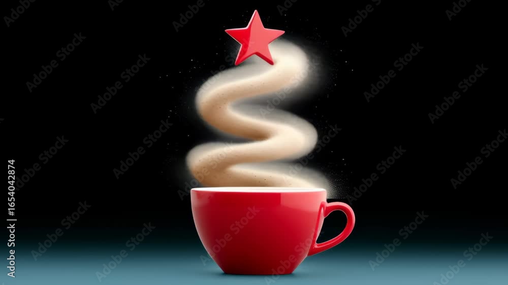 Poster red cup with swirling sugar forming a christmas tree shape topped with a star, creating a whimsical 