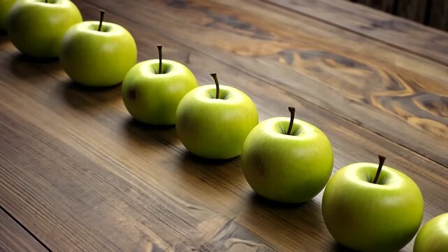 A row of fresh green apples on a rustic wooden table, showcasing their vibrant color and texture