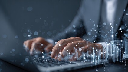 Close-up of hands typing on a laptop, overlayed with data visualization