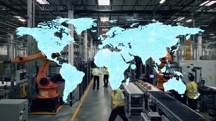 Interior of a factory featuring robots and a large projected world map overlay - Powered by Adobe