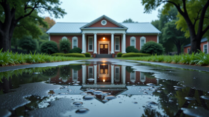 Obraz premium School building with columns reflected in water after rain during soft daylight