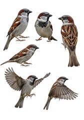 Fototapeta premium Collection of sparrow birds in various poses isolated on a white background