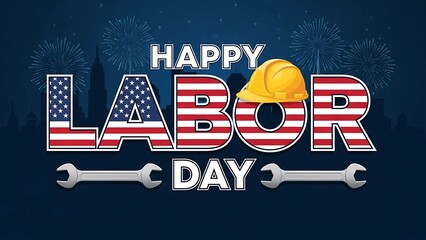Celebrate Happy Labor Day with American Pride, featuring a hard hat and wrenches against a patriotic blue fireworks background