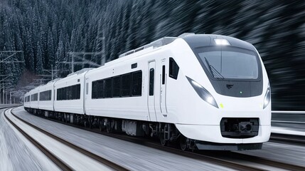 Naklejka premium An electric high-speed train gliding through a forest, zero-emission transport, sleek futuristic design, blur motion background 