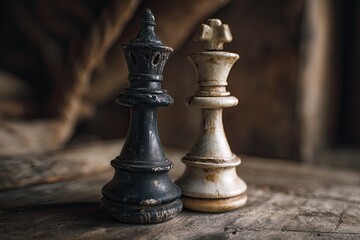 Aged chess kings on a rustic wooden surface
