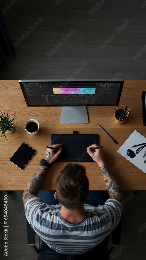 Poster Top View of Graphic Designer Working With Computer Tablet and Art on Table
