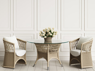 Garden furniture in classic interior.Rattan chairs,table,vase with roses.Digital illustration.3d...