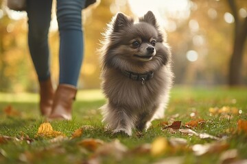 Obraz premium Autumn Walk with a Black Pomeranian 