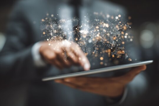 Businessman using tablet with world map overlay