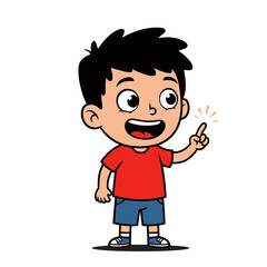 Fototapeta premium Cheerful cartoon boy with spiky black hair in a red shirt smiling and pointing his finger upwards having a bright idea.